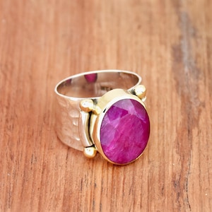 Handmade Sterling Silver Indian Ruby Ring: Two-Tone Bohemian Statement Ring