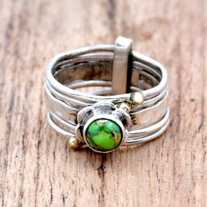 Green Turquoise Sterling Silver Ring: Hammered Boho Multi Band