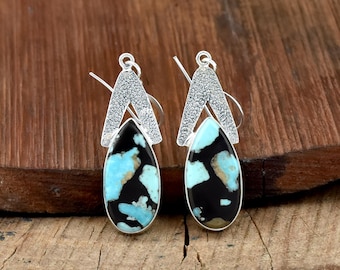 Hubei Turquoise Teardrop Earrings: Handmade 925 Sterling Silver Textured Jewelry