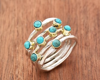 Natural Blue Turquoise Ring Sterling Silver Ring, Handmade Ring, Two Tone Ring, Wide Band Ring Wrapround Ring, Multi Band Ring Gift For Her