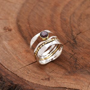 Handmade Faceted Garnet Ring: Hammered Sterling Silver Zigzag Boho Ring