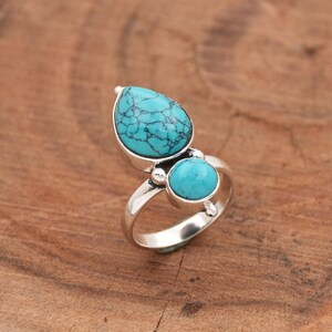 Handmade Teardrop Turquoise Ring: Beaded 925 Sterling Silver Statement Ring