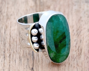 Handmade Emerald Ring: 925 Sterling Silver Wide Band, Two-Tone Statement Jewelry