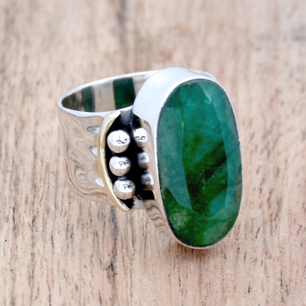 Indian Emerald Ring, Handmade Ring 925 Sterling silver Ring Oval Gemstone Ring Wide band ring Two Tone ring Statement Ring Wedding jewelry