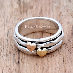 Heart Spinner Ring, Narrow Band Hammered Ring, Spinning Ring, Two Tone Ring, Spinning Ring, Meditation Ring, Brass Copper Silver Ring