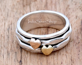 Heart Spinner Ring, Narrow Band Hammered Ring, Spinning Ring, Two Tone Ring, Spinning Ring, Meditation Ring, Brass Copper Silver Ring