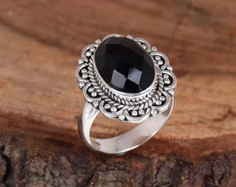Black Onyx Ring: Handmade 925 Silver Filigree, Vintage Boho Style