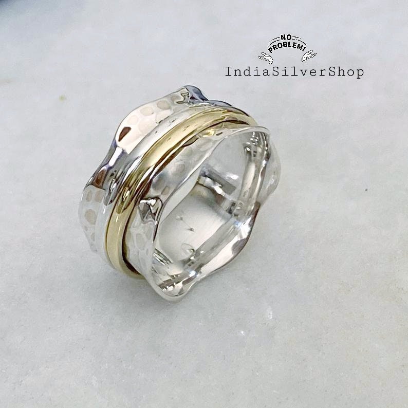 Hammered Spinner Ring, Mixed Metal Spinner ring, 2 tone sterling silver spinning ring, meditation ring, 925 sterling silver ring fidget ring zdjęcie 3