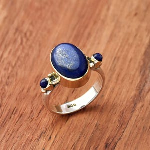 Lapis Lazuli Ring, 925 Sterling Silber Ring, Handgemachter Ring, Dreifach Stein Ring, Zweifarbiger Ring, Statement Ring, Geburtsstein Ring, Geschenk für Sie