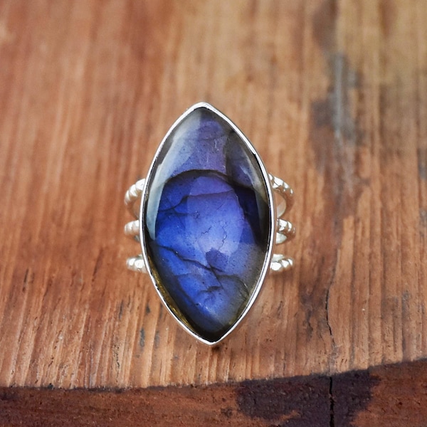 Blue Labradorite Ring: Handmade 925 Sterling Silver Marquise Boho Ring