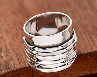 Hammered Sterling Silver Spinner Ring: Wide Band Boho Fidget Ring