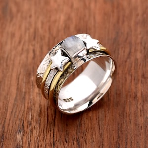 Moonstone Spinner Ring, 925 Sterling Silver Ring, Thumb Ring For Women&#39;s, Star Ring Fidget Ring Meditation Ring Anxiety Ring Wide Band Ring