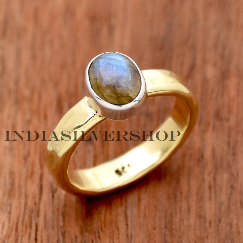 Natural Labradorite Ring Handmade Ring 925 Sterling Silver ring Round Gemstone Ring Golden Band Ring 18K Gold Vermeil ring Ring Gift For Her image 1