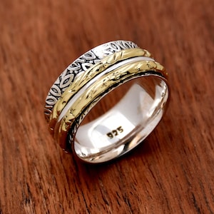 Sterling Silver Spinner Ring: Two Tone Leaf Design, Anxiety Meditation Band
