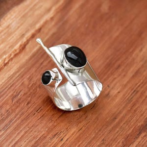 Two Stone Black Onyx Ring: Handmade 925 Sterling Silver Wide Band