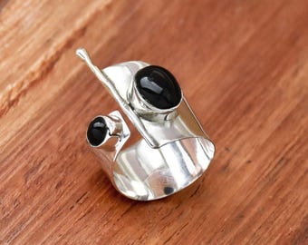 Zwei Stein Onyx Ring: Handgefertigtes 925 Sterling Silber Breitband