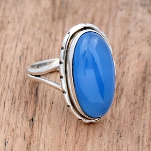 Blue Chalcedony Ring: Handmade 925 Sterling Silver Split Band