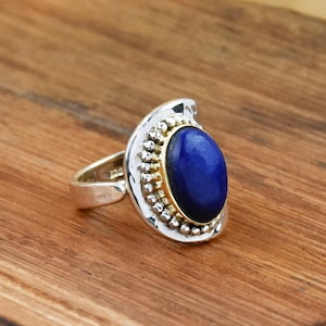 Lapis Lazuli Ring, Handgemachter Ring, 925 Sterling Silber Ring, Boho Statement Ring, zweifarbiger Ring Einstellbar Ring, Gehämmert Ring, Perlen Ring