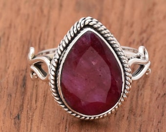 Indian Ruby Statement Ring: 925 Sterling Silver Pear Gemstone ring, Gift for Her