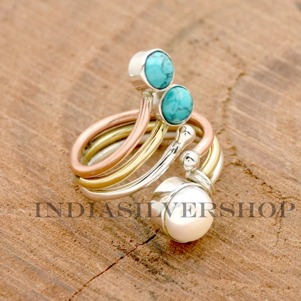 Natural Blue Turquoise Ring, 925 Sterling Silver ring, Fresh water Pearl ring handmade Ring, Multi Band Ring, Wedding Ring, Gift For her