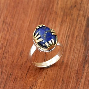 Lapis Lazuli Ring: Two-Tone 925 Sterling Silver Boho Cocktail Ring