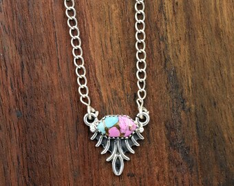 Cotton Candy Turquoise Bar Necklace: 925 Sterling Silver Sunburst Pendant, Celestial Jewelry