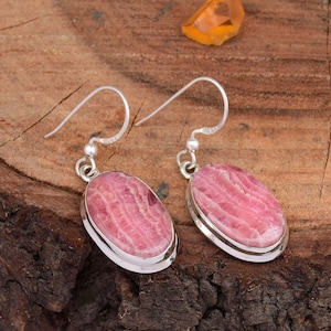 Natural Rhodochrosite Earrings Sterling Silver Earrings, Oval Gemstone Earrings, Statement Earrings, Bohemian Earrings, Anniversary Earrings