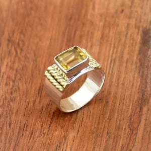 Citrine Ring: Radiant Yellow Stone, 925 Sterling Silver Wide Band