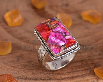 Kingman Pink Dahlia Turquoise Ring Sterling Silver Ring Pink Oyster Turquoise Ring Textured Band Ring Boho Ring Filigree Ring Gift For Her
