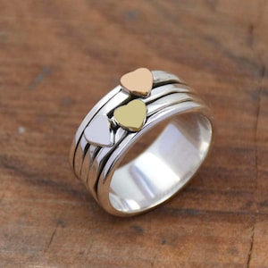 Three Heart Spinner Ring, Narrow Band, Hammered Ring, Spinning Ring, Two Tone Ring, Spinning Ring, Meditation Ring, Brass Copper Silver Ring