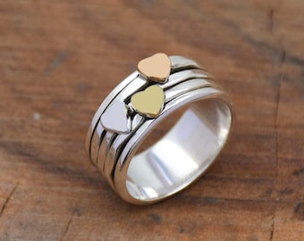 Sterling Silver Three Heart Spinner Ring: Hammered Meditation Band
