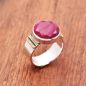 Indian Ruby Ring, 925 Sterling Silver Ring, Faceted Ruby Ring, Round Gemstone Ring, Handmade Ring, Bohemian Ring Two Tone Ring Gift For Her