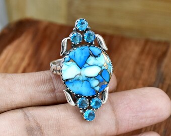 Purple Turquoise & Blue Topaz Ring | Sterling Silver | Artisan Boho Ring Southwestern Jewelry