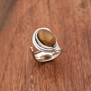 Handmade Sterling Silver Tiger Eye Ring - Adjustable Stacking Ring