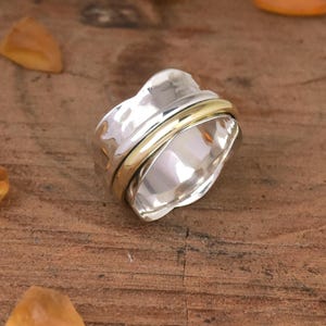 Hammered Spinner Ring, Mixed Metal Spinner ring, 2 tone Sterling silver Spinning ring meditation ring, 925 sterling silver ring fidget rings