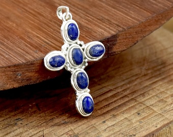 Lapis Lazuli Cross Pendant: 925 Sterling silver Christian cross Charm