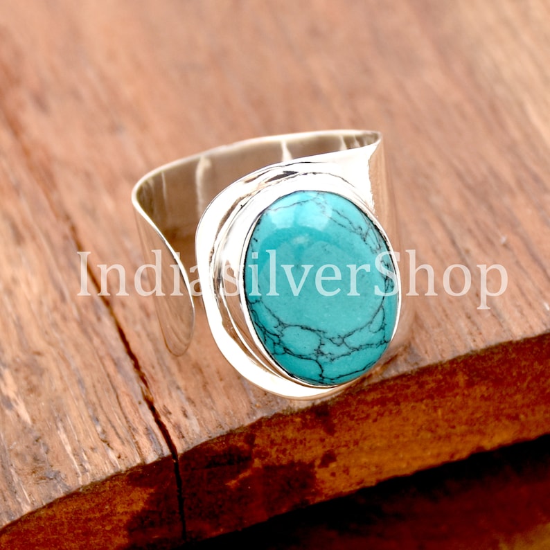 Blue Turquoise Ring, 925 sterling Silver Ring, Adjustable ring, Huge Ring, Wide Band ring. Blue Stone Ring, Boho Ring, perfect Gift For Her image 4