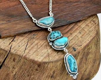 Collar de turquesa natural cruda - Collar de plata de ley 925 - Joyería bohemia con estilo