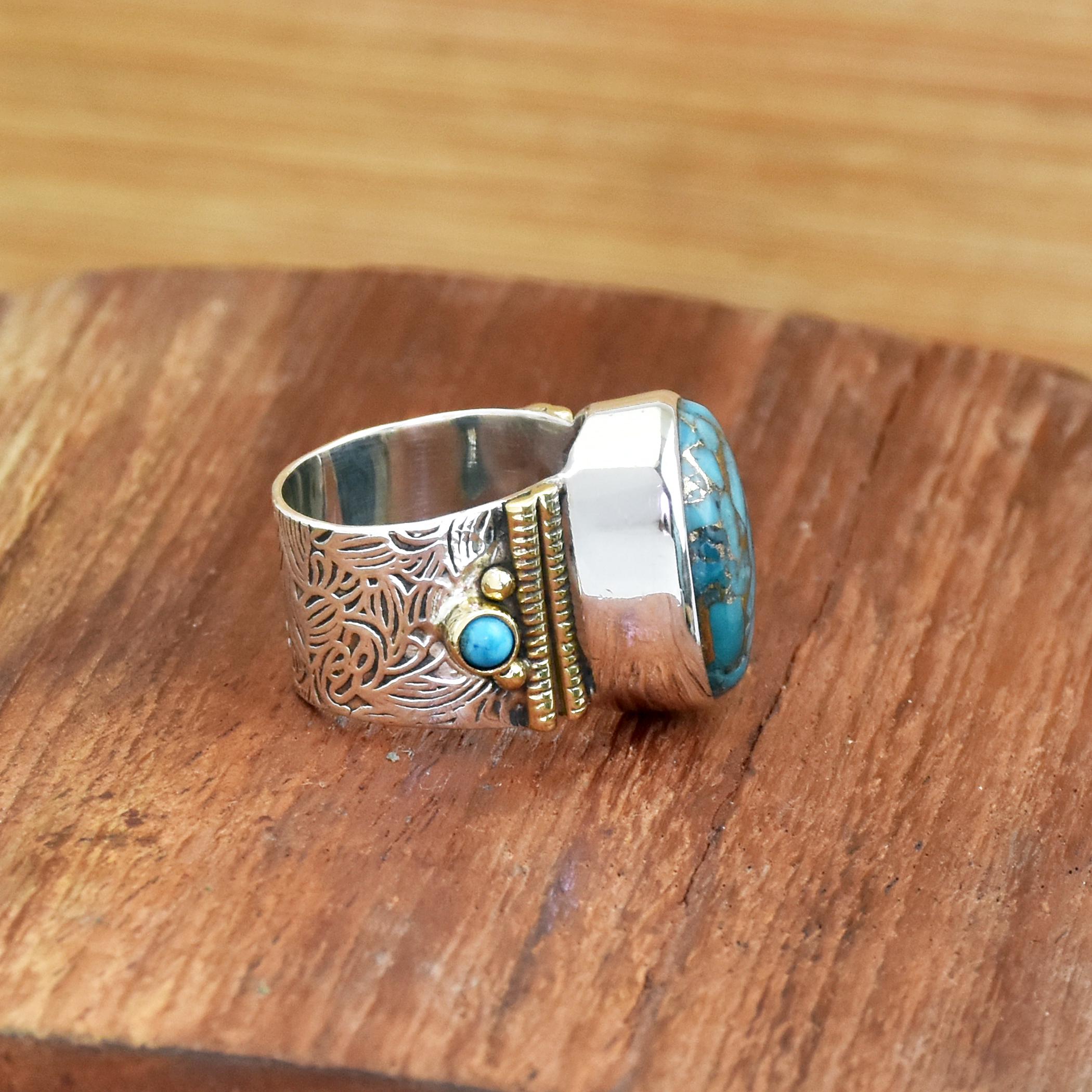 ブルーコッパーターコイズリング：ツートン925スターリングシルバー 