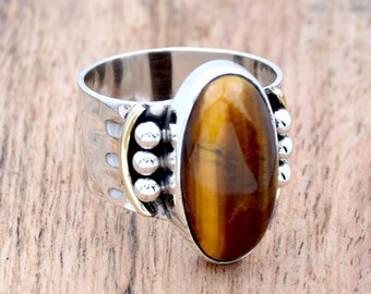 Tiger Eye Ring: 925 Sterling Silver Hammered Band, Crystal Jewelry Gift