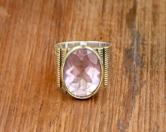 Rose Quartz Ring: 925 Sterling Silver Wide Band, Hammered Band