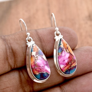 Pink oyster Turquoise Earrings, 925 Sterling Silver Earrings Handmade Earring Spiny Oyster Earrings Teardrop Turquoise Earrings