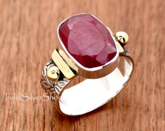 Indian Ruby Ring, Handmade Ring, 925 Sterling Silver Ring, Faceted Ruby Ring, Two Tone Ring, Statement Ring, Wide Band Ring, Bohemian Ring