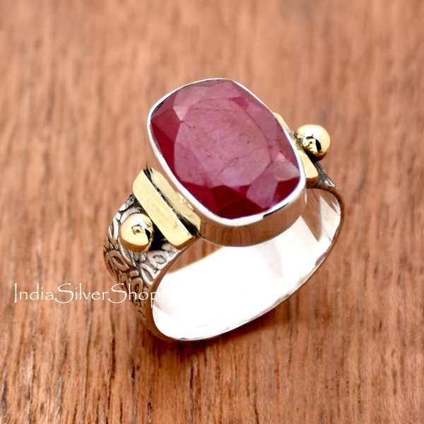 Indian Ruby Ring, Handmade Ring, 925 Sterling Silver Ring, Faceted Ruby Ring, Two Tone Ring, Statement Ring, Wide Band Ring, Bohemian Ring