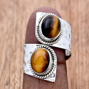 Tigers Eye Ring, 925 Sterling Silver Ring, Handmade Ring, Dual Gemstone Ring, Bohemian Ring, Crystal Ring Hammered ring, Handmade Jewelry