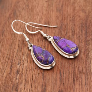 Purple Copper Turquoise Gemstone Earrings, 925 Sterling Silver Pear Stone Earrings, Designer Handmade Earring, Women Wedding Earring Gift