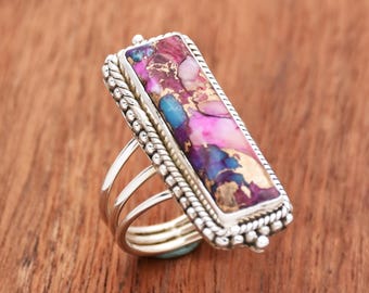 Pink Oyster Turquoise Sterling Silver Ring - Three Band Boho Style