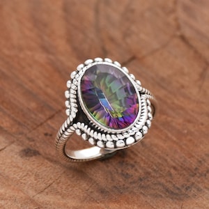 Filigree Beaded Sterling Silver Mystic Topaz Ring