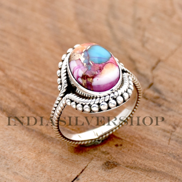 Kingman Pink Dahlia Turquoise Ring Oyster Turquoise Ring Pink Spiny Oyster Sterling Silver Ring Turquoise Ring Oval Stone Ring Handmade Ring