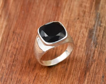Black Onyx Men's Signet Ring: 925 Sterling Silver Cushion Statement Ring